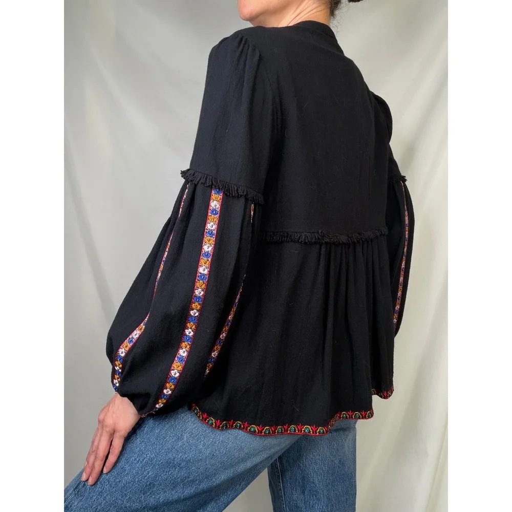 New Zara Beaded Folk Embroidered Tassel‎ Boho Blouse Balloon Sleeve Top NWT M
